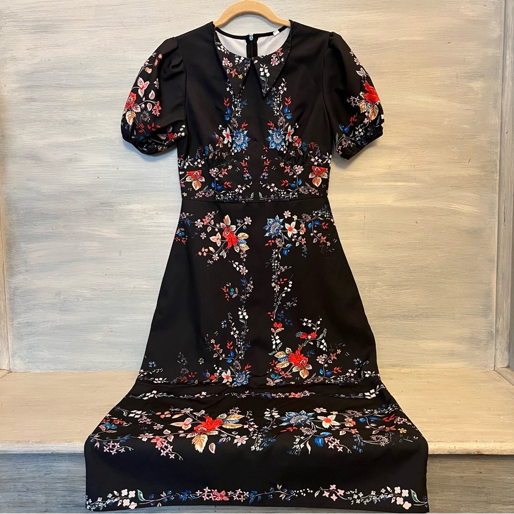 Lovely Black Floral Print Swallow Tail Collar Puff Sleeve Midi‎ Dress Small LN